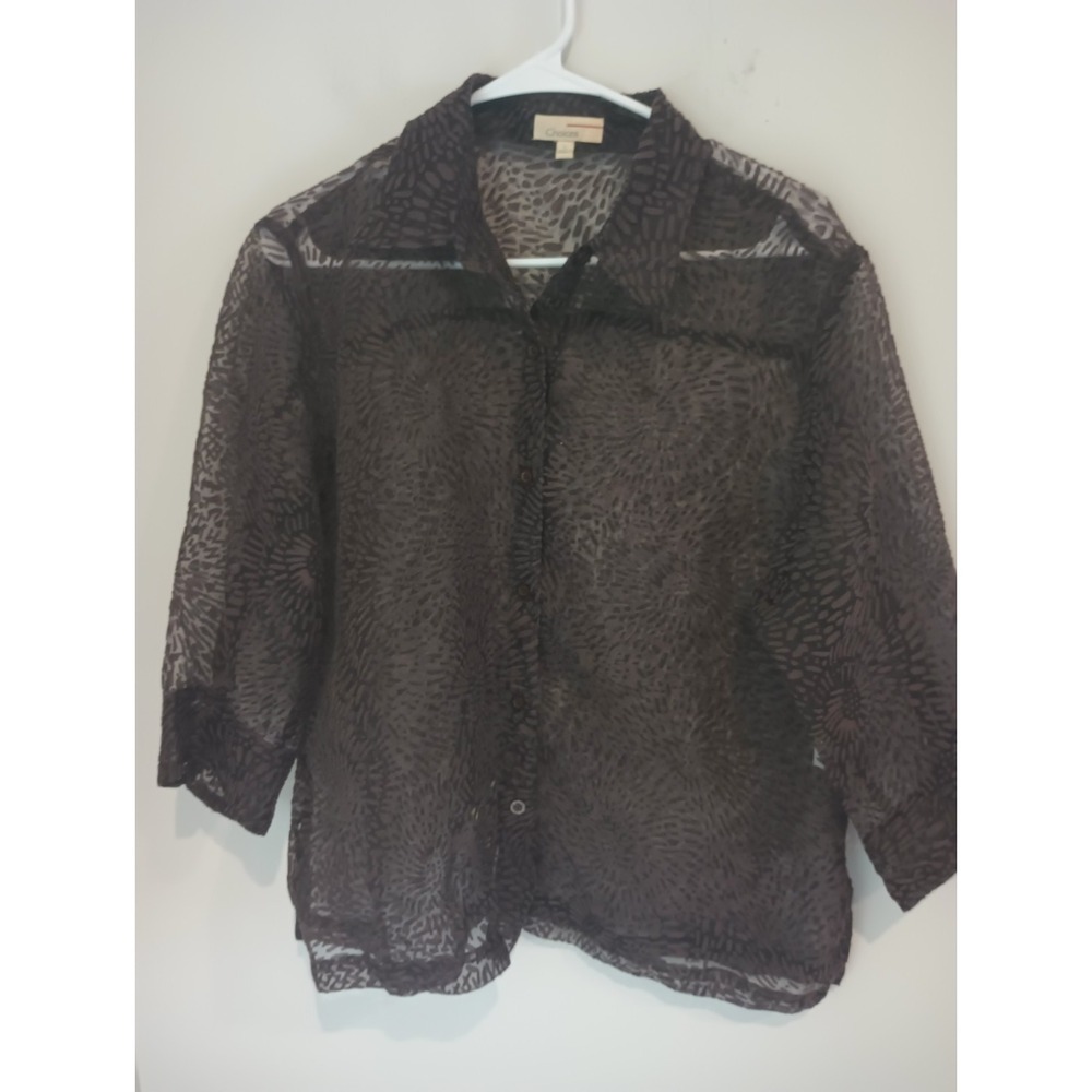 Choices Womens L Sheer Burnout Mesh Blouse Brown Y2K Whimsigoth Top Flawed READ